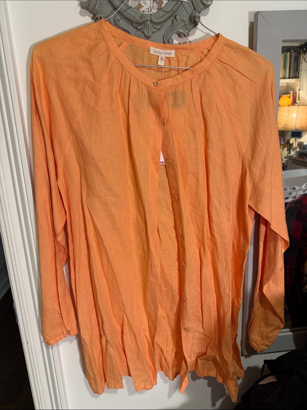 Eileen Fisher Lightweight Round-Neck Button Front Top in Orange